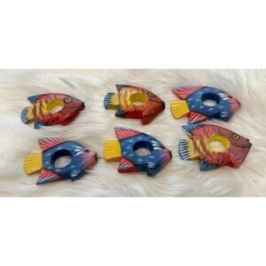 Vintage Hand-Painted, Hand-Carved Wooden Fish Napkin Rings (6) Napkin Holders